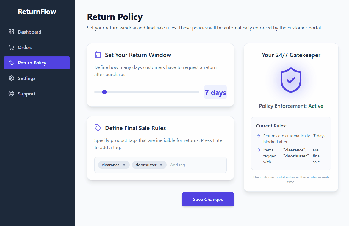 Simple toggles for setting a return window and final sale items